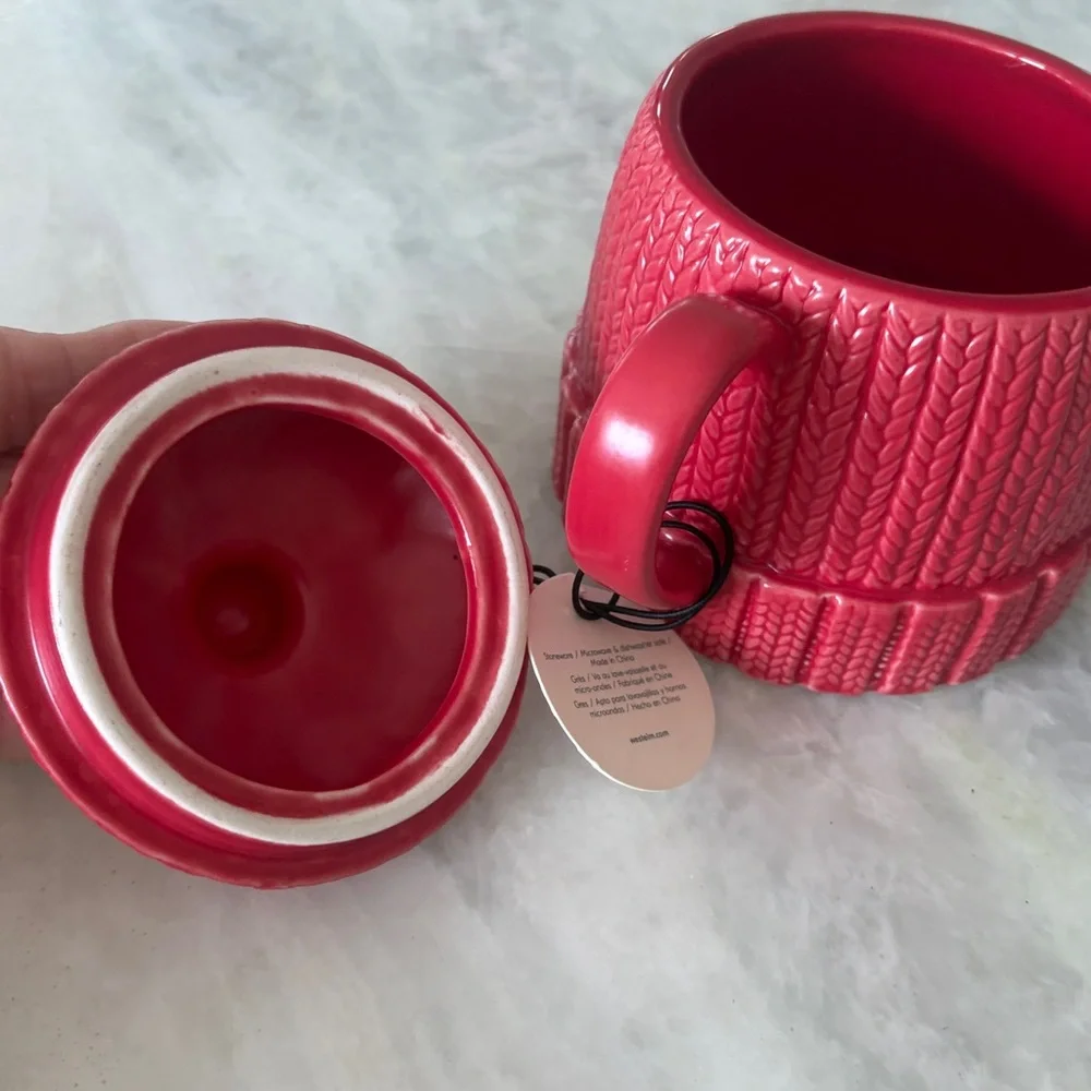 West Elm Red Knit-Patterned snow cap hot chocolate mug